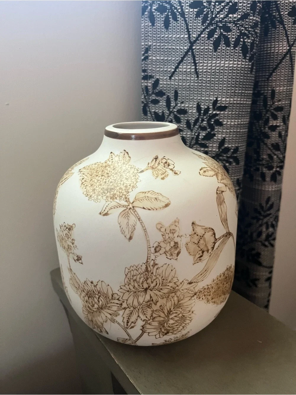 Vintage-Style Cream Floral Ceramic Vase with Brown Accents